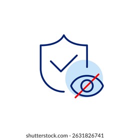 Vector icon of security shield with checkmark and crossed-out eye, symbolizing verified privacy, protected security, or confidential access. Ideal for cybersecurity apps, privacy tools, and secure pla