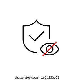 Vector icon of security shield with checkmark and crossed-out eye, symbolizing verified privacy, protected security, or confidential access. Ideal for cybersecurity apps, privacy tools, secure platfor