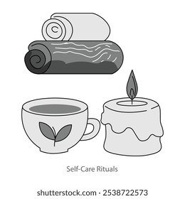 Icono de Vector para rituales de cuidado personal. Una vela de spa, té de hierbas y toalla, que simboliza la relajación y el mimo personal.