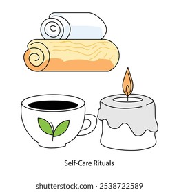 Icono de Vector para rituales de cuidado personal. Una vela de spa, té de hierbas y toalla, que simboliza la relajación y el mimo personal.