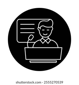 Vector icon for seminar. Black and white outline icon showing a person giving a presentation at a podium, symbolizing education and professional training.