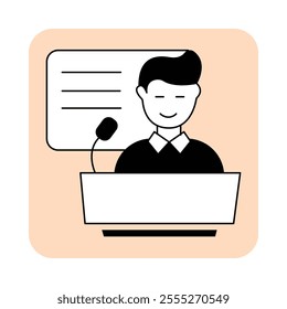  Vector icon for seminar. Black and white outline icon showing a person giving a presentation at a podium, symbolizing education and professional training.