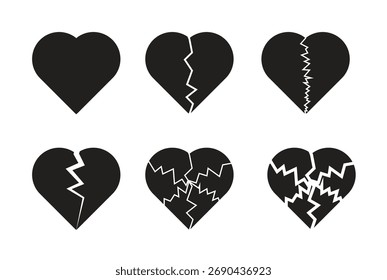 Vector icon sequence illustrating a broken heart with multiple cracks, symbolizing grief or divorce