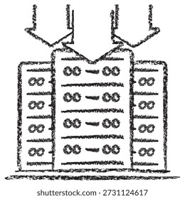Vector icon of server racks and arrows. Dark brown charcoal sketch on transparent background, featuring a rough hand-drawn texture for data storage and cloud computing concepts