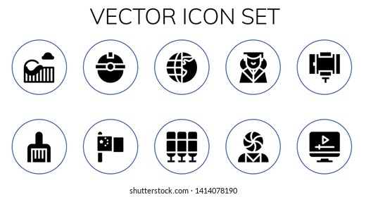 vector icon set. 10 filled vector icons.  Collection Of - Roller coaster, Rake, Worker, China, Earth globe, Seat, Graduation, Psychology, Selfie stick, Screen