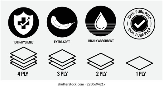 vector icon set; 100% hygienic, extra soft, highly absorbent, 100% pure pulp, 1, 2, 3 and 4 ply etc.