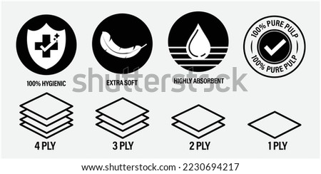 vector icon set; 100% hygienic, extra soft, highly absorbent, 100% pure pulp, 1, 2, 3 and 4 ply etc.