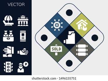 vector icon set. 13 filled vector icons.  Collection Of - Inhalator, Traffic light, Guard, Martial arts, Bandaged finger, Beer, Smartphone, Hammock, Brandenburg gate, House, Settings