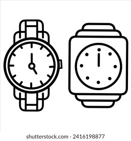 vector icon set of 2 simple black and white line art watches in the form of a circle and a rectangle