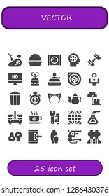  vector icon set. 25 filled vector icons. Simple modern icons about  - Stationary bike, Plant, Candy, Mind, Sport, Hd, Camping gas, Burner, Perspective, Motivation, Popcorn, Stopwatch