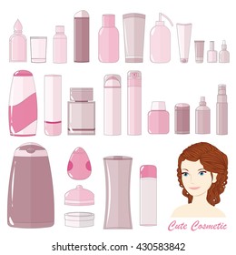 Vector icon set. 26 cute cosmetic products, object, perfect for mock-up, presentation. 