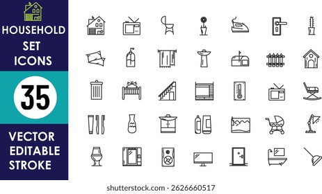 A vector icon set of 35 household items: house, sofa, chair, lamp, iron, door, pillows, shower, wardrobe, hanger, fence, trash can, stairs, window, radiator, pet house, cutlery, vase, detergent, baby 