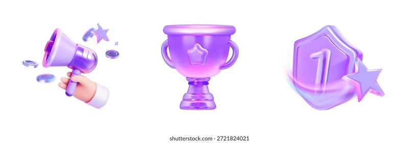 Conjunto de iconos de Vector: iconos de notificación holográfica 3D para la primera victoria, incluyendo trofeo, copa, insignia con el número 1, megáfono con estrellas y monedas, estilo de degradado moderno