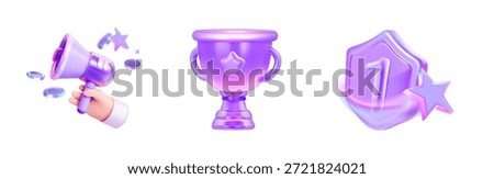 Vector icon set: 3D holographic notification icons for first win, including trophy, cup, badge with number 1, megaphone with stars and coins, modern gradient style