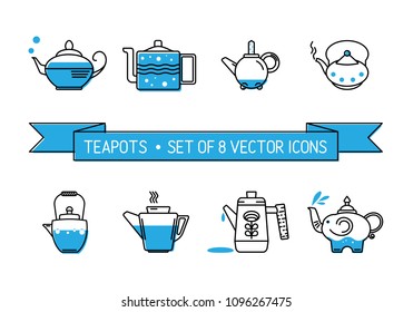 Vector icon set of 8 cute teapots with water