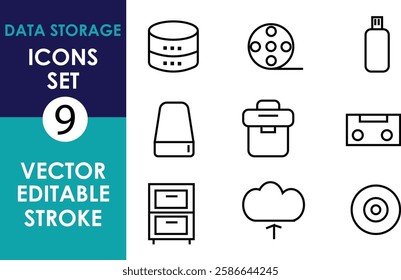 A vector icon set of 9 data storage symbols, including a database, USB, hard drive, cloud, CD, film reel, drawer, cassette, and storage box