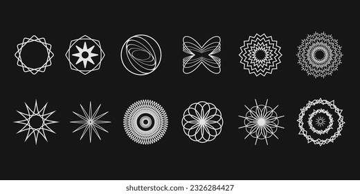 Vector icon set of abstract minimalistic brutalist elements. Simple geometric zigzag shapes, lines, triangles, curves, circles for backgrounds, icons, logo, UI