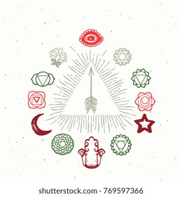 Vector icon set. Abstract signs in triangle  isolated on grunge background