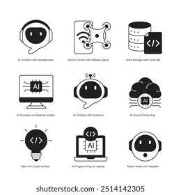 Vector icon set for AI and tech innovations in the Fourth Industrial Revolution.
This icon set illustrates various advanced technologies.