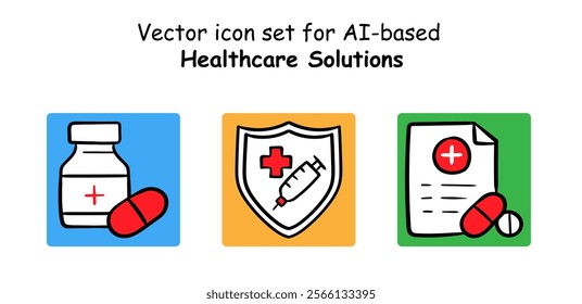 Vector icon set for AI-based healthcare solutions. Illustrated icons showcasing inventory, prescription, and vaccine management processes.