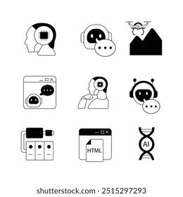 Vector icon set for AI-powered automation and coding. Illustrates concepts like drone control, chatbots, AI processors, and coding windows.