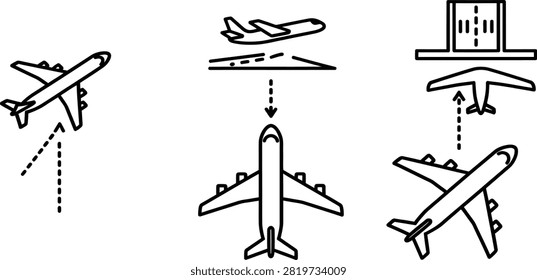 Vector icon set of airplane flight paths featuring takeoff landing and mid-air maneuvers for aviation and travel industry designs