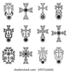 vector icon set with ancient Armenian symbol Khachkar. Armenian cross stone for your project