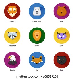 Vector icon set animals, flat design. Cat, owl, tiger, lion, raccoon, bear, fox, eagle.