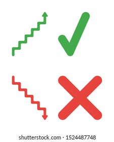 Vector icon set of arrow stairs moving up and mocing down with check mark and x mark. Flat color style. 