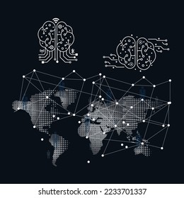 Vector icon set of artificial intelligence AI technology, concept of using technology to control the functioning of the brain or human brain.