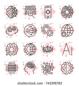 Vector icon set for artificial intelligence (AI) concept. Various symbols for the topic using flat design. Editable Stroke