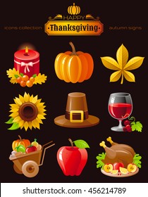 Vector icon set with autumn and thanksgiving food and symbols on black background. Includes candle, pumpkin, chestnut leaf, sunflower, pilgrim hat, wine with grapes, wheelbarrow harvest, roast turkey