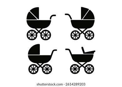 Vector icon set of a baby carriage available in black and white colors
