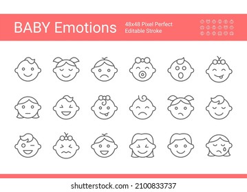 Vector icon set of baby's emotions. Editable vector stroke. 48x48 Pixel perfect.