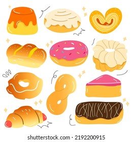 vector icon set bakery. Such as donuts, croissants, cookies. Isolated background.