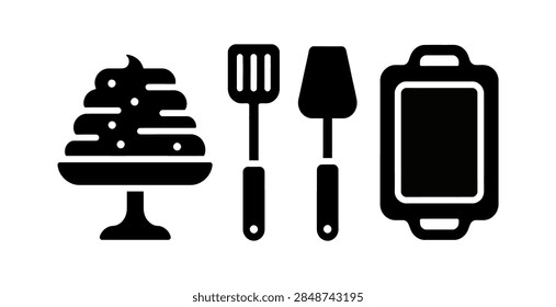 Vector icon set of baking and pastry making elements, including a layered cake on a stand, spatulas, and a baking pan in solid black silhouette style.