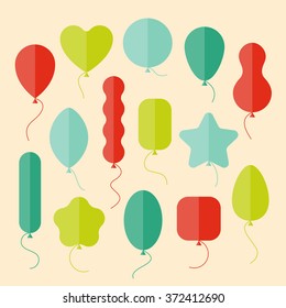Vector icon set of balloons of different shapes in flat style. Birthday pictogram collection of pictogram of balloons. Air balls with helium, flying up. Wrapping paper, gift bags design, web, ads.