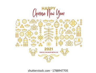 Vector icon set; banner; poster; card with chinese illustration of Ox Zodiac sign; Symbol of 2021 on the Chinese calendar; isolated. White Metal Ox; Bull; Chine pattern. Elements for New Year's Chines