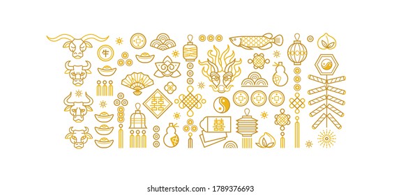 Vector icon set; banner; poster; card with chinese illustration of Ox Zodiac sign; Symbol of 2021 on the Chinese calendar; isolated. White Metal Ox; Bull; Chine pattern. Elements for New Year's Chines