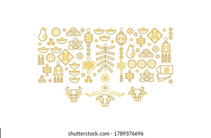 Vector icon set; banner; poster; card with chinese illustration of Ox Zodiac sign; Symbol of 2021 on the Chinese calendar; isolated. White Metal Ox; Bull; Chine pattern. Elements for New Year's Chines
