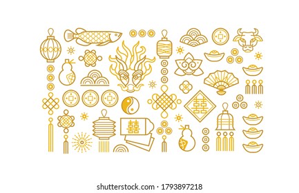 Vector icon set; banner; poster; card with chinese illustration of Ox Zodiac sign; Symbol of 2021 on the Chinese calendar; isolated. White Metal Ox; Bull; Chine pattern. New Year's Chinese Elements