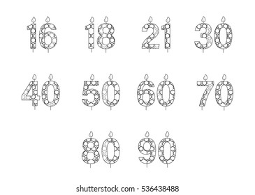 Icono de vector establecido para velas de cumpleaños en números en fondo blanco