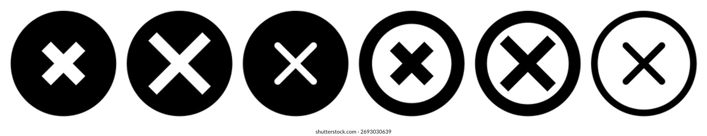 Conjunto de iconos de Vector de marca cruzada negra (marca X) con estilos de relleno y contorno con diferentes pesos y grosor de línea para alertas de Botones y Mensajes de error.