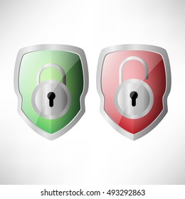 Vector icon set of boards with locks. Open and closed padlocks on the boards. Isolated on white background. For graphic and web design.