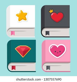 Vector icon set of books. Books of different colors with the pictured on the cover: a heart, a diamond and a star. Illustration of books in flat minimalism style.
