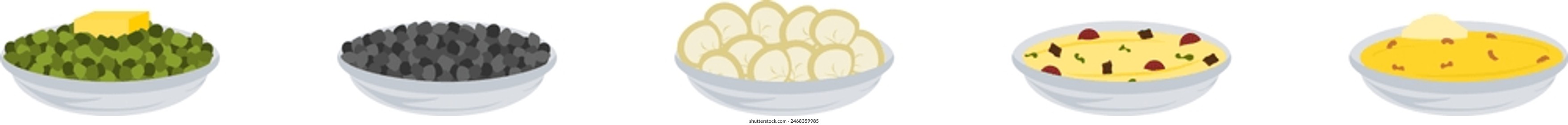 Vector icon set of breakfast in different cuisines and a soup. 
