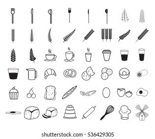 Vector icon set for breakfast and food on white background