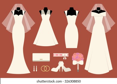 Vector Icon Set Of Bridal Clothes And Accessories: 4 Types Of Wedding Dresses, Shoes, Bag (clutch), Jewelry, Bouquet, Veil, Rings, Garment. Elements For Design Of Invitation Card For Marriage Ceremony