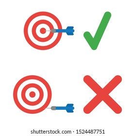 Vector icon set of bulls eye. Hit the target and miss the target with check mark and x mark. Flat color style. 