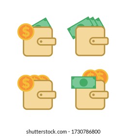 Vector icon set of bundle of dollars and wallet